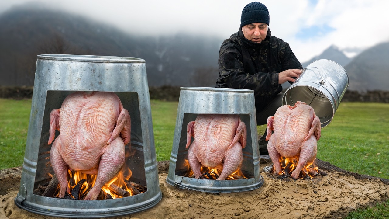 Giant Turkey Roasted Under Buckets In Open Fire! Giant Turkey Roasted Under Buckets In Open Fire!