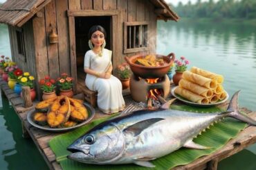 Miniature Doll Cooking BIG TUNA FISH ASMR | Floating Village Tiny Kitchen Story