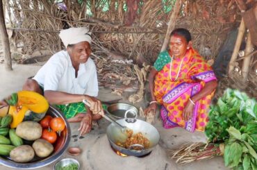 Indian Tribe Santali Couple cooking lunch Menu VEGETABLE CURRY and JUTE LEAVES DAL