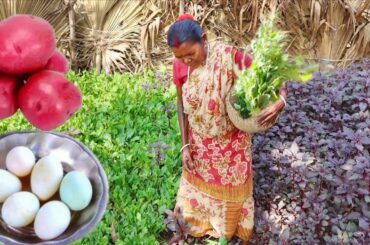 DUCK EGG CURRY with RED POTATO and palong shak curry cooking & eating by santali tribe old couple