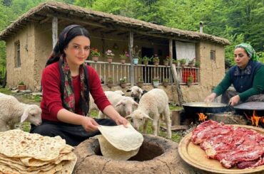 Rural life in IRAN; Cooking lavash bread with meat