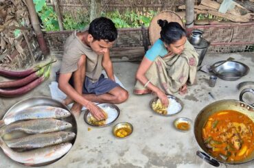 How Village Son & Mother Cooking And Eating Small MRIGAL FISH Curry With BRINJAL For Lunch