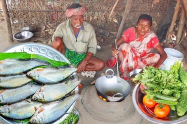 Rare FOLUI FISH CURRY and VEGETABLE recipe cooking & eating by santali tribe old couple