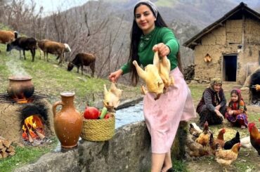 Rural life in IRAN, cooking whole chicken on fire