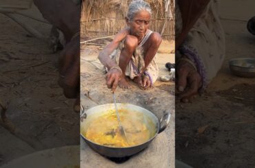 Poor old widow Grandma cooking Fish curry with potato recipe