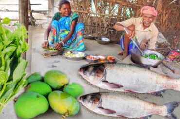 SILVER FISH CURRY with RAW MANGO and PUI SHAK DAL cooking for eating lunch by santali old couple