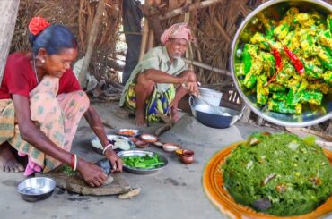 LAU SHAK VORTA & DELICIOUS VENDI CURRY cooking for lunch eating by santali tribe old couple