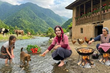 IRAN village life; Cooking chicken thighs under rice