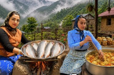 IRAN Village Cooking:Trout Feast ,Tomato Pilaf & Traditional Date Dessert Without an Oven!🐟🔥