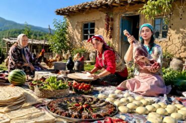 Village Life in IRAN | Baking Bread & Cooking Stuffed Eggplants with Minced Meat and Onions