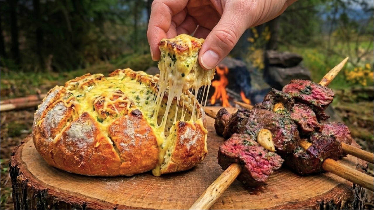 Garlic Butter Cheesy Bread & Steak on Sticks: Deep Forest Feast Garlic Butter Cheesy Bread & Steak on Sticks: Deep Forest Feast