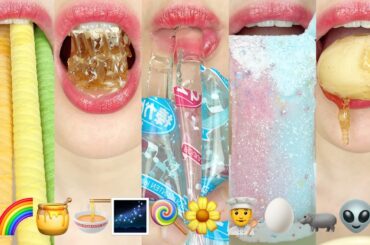 asmr RAINBOW EMOJI FOOD 🌈🍯🍜🌌🍭🌼👨‍🍳🥚🦛👽 무지개 이모지 먹방 eating sounds