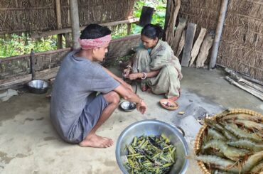 PRAWN CURRY & KOLMI SHAK Recipe Cooking And Eating By Our Village Mother And Son