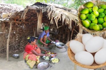 EGG CURRY with KAKROL VEGETABLE cooking for eating lunch by santali tribe old couple