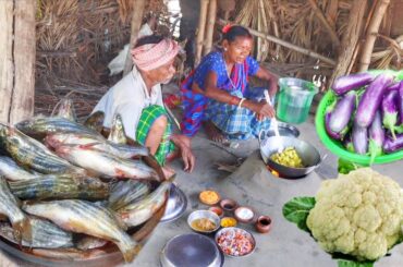 TANGRA FISH CURRY with BRINJAL & GOBI DAL cooking for lunch eating by santali tribe old couple