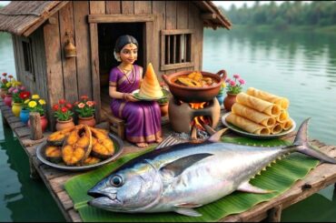 Miniature Doll BIG TUNA FISH Cooking ASMR | Floating House Indian Village Tiny Kitchen Story