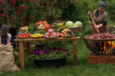 Rustic Village Lunch – Beef and Vegetables on a Sadj Grill 🥩🍅