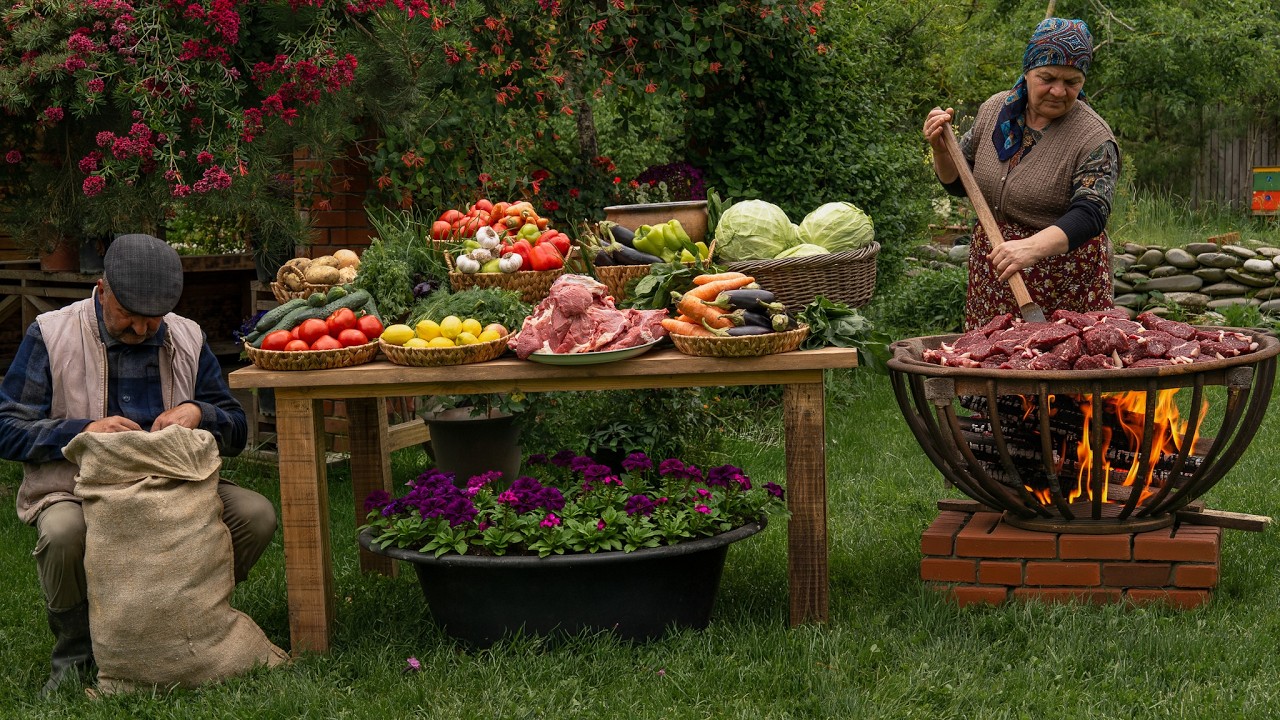 Rustic Village Lunch – Beef and Vegetables on a Sadj Grill 🥩🍅 Rustic Village Lunch – Beef and Vegetables on a Sadj Grill 🥩🍅