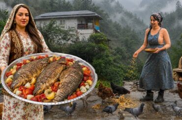 Rainy Village Life in Northern Iran : Cooking Georgian Stuffed Carp Fish in a Clay Oven 🐟🔥🌧️