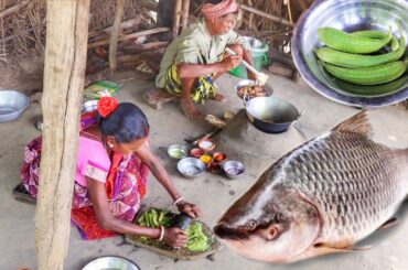 ROHU FISH CURRY and JHINGE POSTO cooking and eating by santali tribe old couple