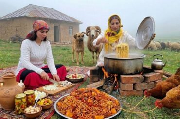 Foggy Day in Village | Cooking Iranian-Style Spaghetti (Makaroni) on Wood Fire