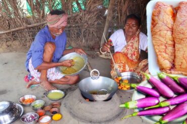 FISH EGG CURRY with BRINJAL and PARWAL VORTA cooking for lunch eating by santai tribe old couple