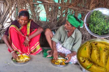 FISH CURRY with RAW MANGO and SHAK VAJI cooking & eating by santali tribe old couple