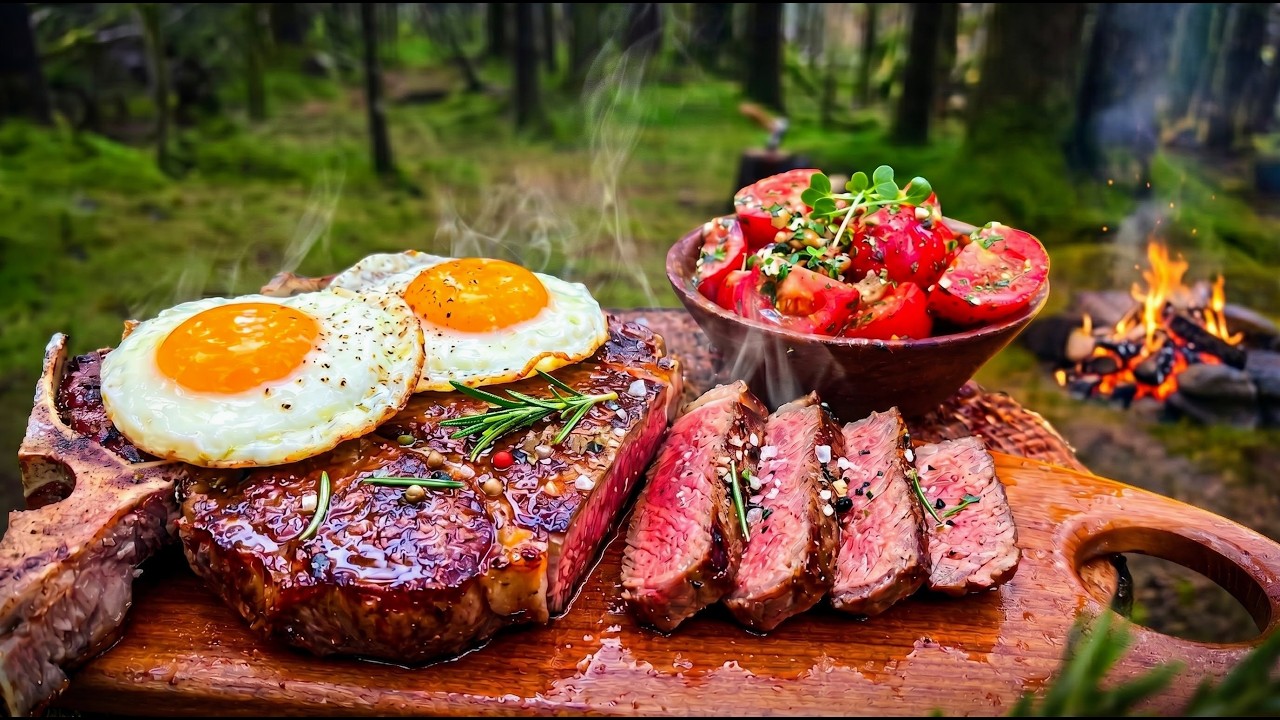 Garlic Butter Steak Cooked Over a Campfire in Rainy Alaska Forest Garlic Butter Steak Cooked Over a Campfire in Rainy Alaska Forest