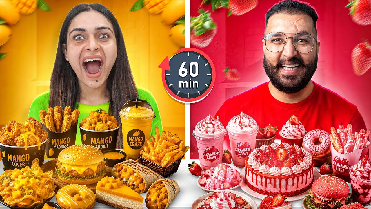 Having Only MANGO vs STRAWBERRY Food || 60 minute Food Challenge Having Only MANGO vs STRAWBERRY Food || 60 minute Food Challenge