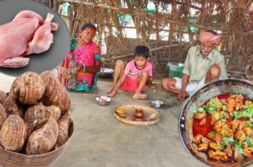 CHICKEN CURRY with TARO ROOT cooking for eating lunch by santali tribe old couple