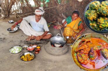FISH CURRY with LAUKI and green PAKORA cooking for lunch by santali tribe old couple