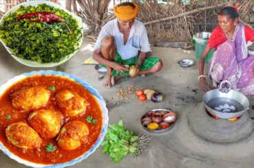 MASALA EGG CURRY & SHAK VAJI cooking for lunch by santali tribe grandmaa