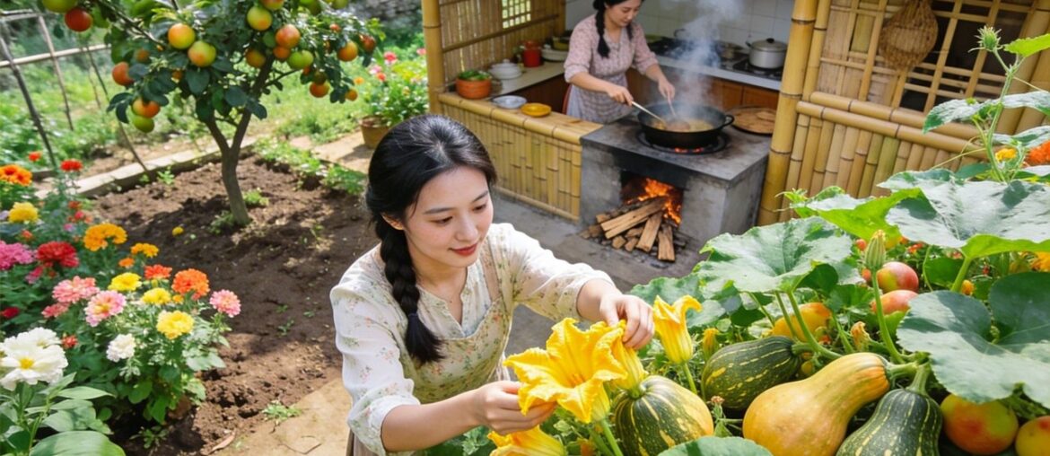 Calm Farm Life: Harvesting yellow pumpkin flowers and cooking braised pork belly in a clay pot