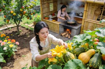 Calm Farm Life: Harvesting yellow pumpkin flowers and cooking braised pork belly in a clay pot