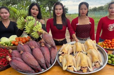 Amazing cooking chicken and banana flower recipe | deep fried chicken countryside recipe