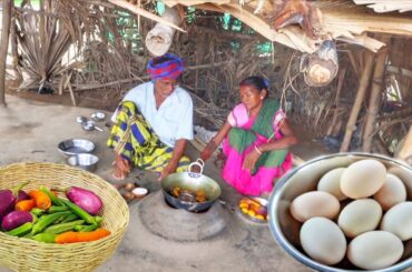 How they cook DUCK EGG CURRY and VEGETABLES VORTA for lunch by santali tribe old couple