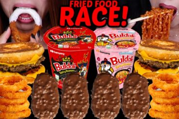 ASMR FRIED FOOD BURGER FEAST! 10X spicy Buldak noodles, crunchy onion rings, chocolate ice cream 먹방