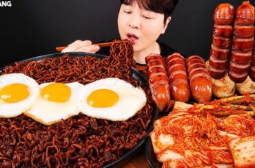 ASMR MUKBANG | Black Bean Noodles, Sausage, Homemade Kimchi Korean Food recipe EATING SOUND
