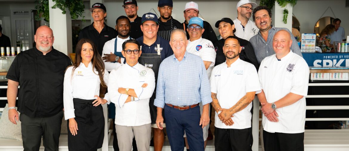 From left to right: Chef Paul of LUNCH Lobster Roll; Chef of Sí Sí Restaurant; Chef Peter Ambrose; Chef Francis Derby of The Halyard; Chef Mbaba Danso of Gurney's Montauk; DJ Chef; Chef Marco Barilla of Insatiable Eats Catering; Cristiano Rossi of Santa Chiara Gelato XXI; Chef Todd Ruiz of The Pridwin Hotel & Cottages; Chef Jennifer Parker of Evolved Catering & Events and The Caviar Bar; Chef Jorge Espinoza of LDV at The Maidstone; Chef Joe Gurrera of Citarella; Chef Thomas Gilliam of Saylor's Beach House; and Mike Miezianka of Toasted Oysters.