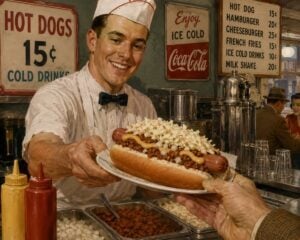 A traditional West Virginia hot dog topped with mustard, chili, onions, and coleslaw is served in a 1950s diner setting. The chili-slaw dog became a popular meal among miners, railroad workers, and factory employees and remains a signature food across the Mountain State. (WVExplorer Illustration)
