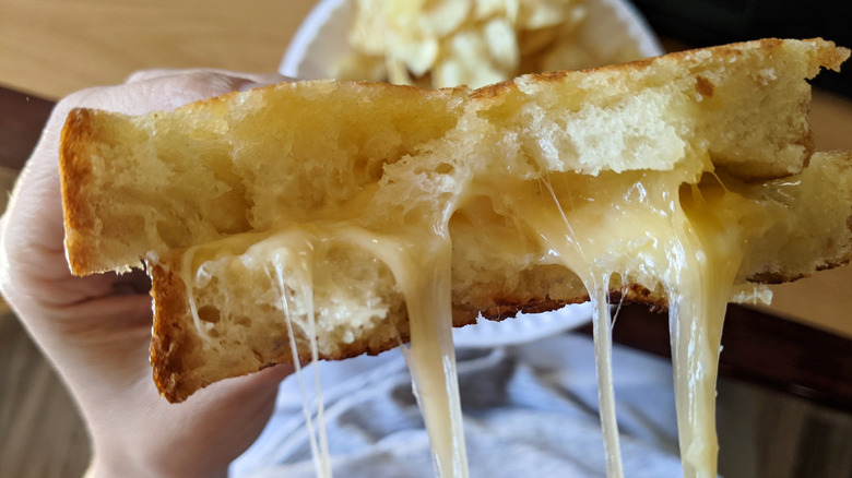 Person holding a grilled cheese sandwich with cheese oozing out