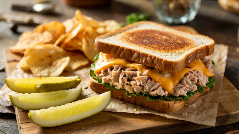 Tuna melt sandwich on a board with pickles and chips