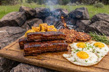Slow Cooked Ribs, Eggs & Potato Cakes Over Open Fire