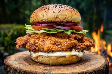 Crispy HOT Honey Chicken Burger Over Campfire | ASMR Forest Cooking