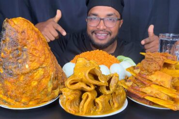 GIANT FISH HEAD CURRY & WINDPIPE CURRY FEAST! Spicy Eating Show With Rice & Eggs , ASMR EATING SHOW