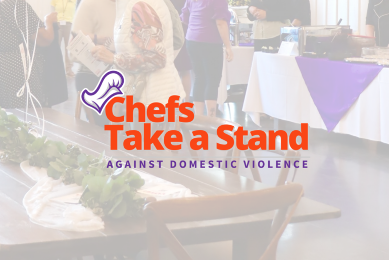 A logo reads Chefs Take a Stand Against Domestic Violence over a blurred background of people at an event with tables set up and food service areas visible.
